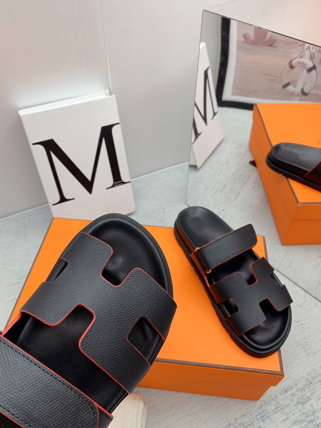 HERMES Chypre Sandal Black with red trim
