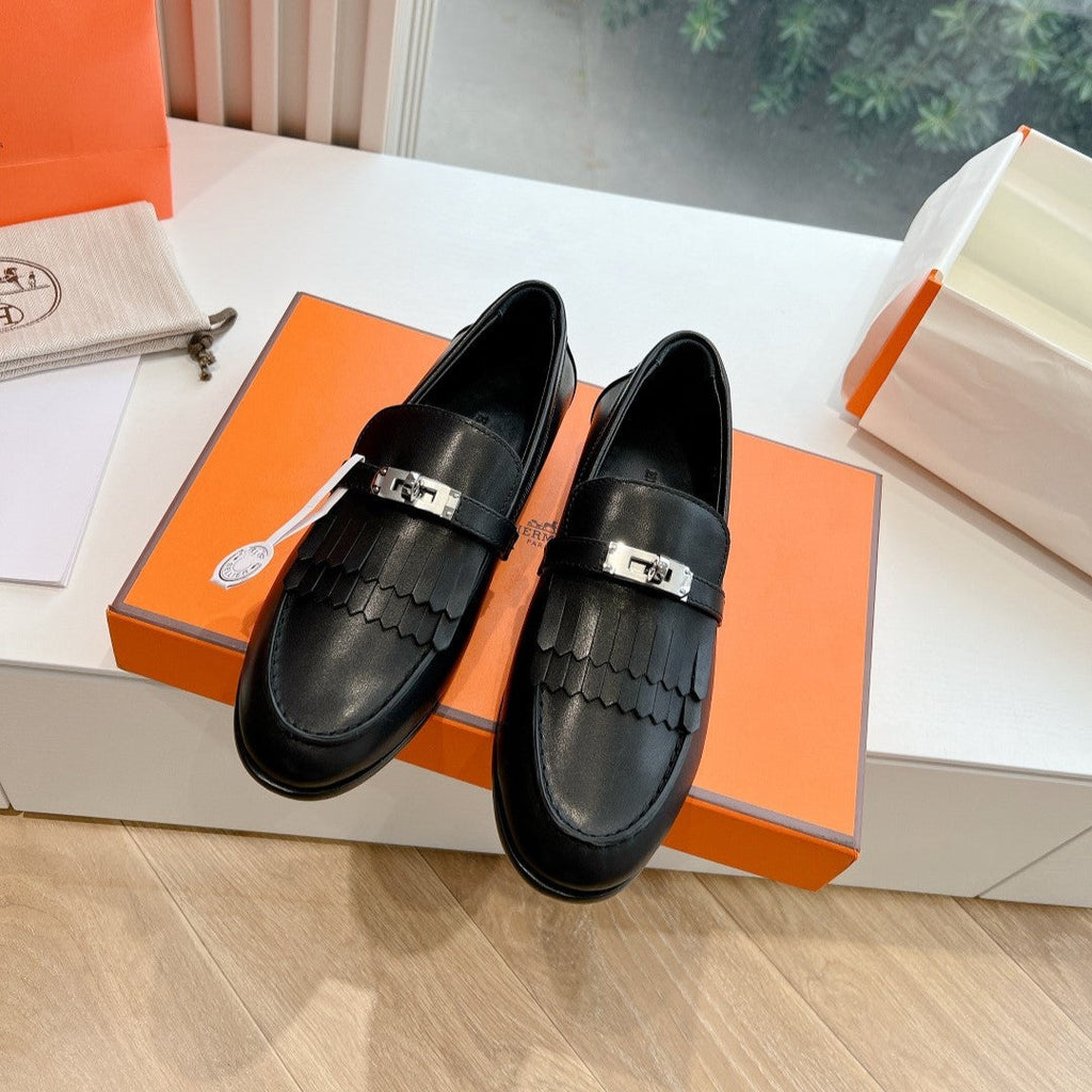 HERMES Destin Loafer Black Goatskin with Fringe Detail