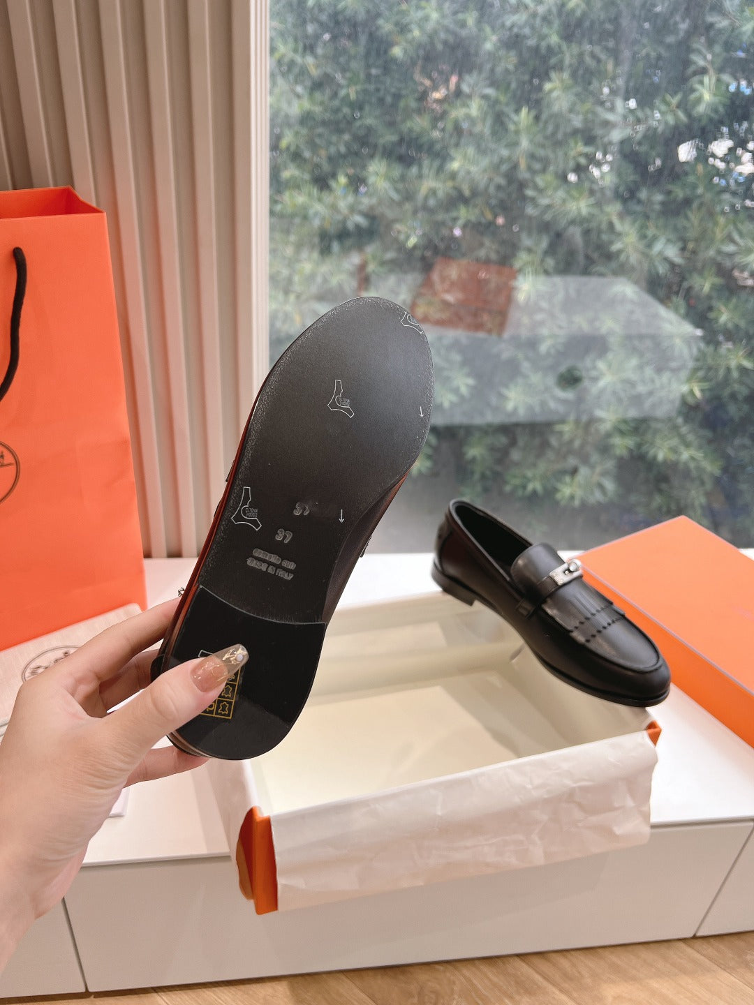 HERMES Destin Loafer Black Goatskin with Fringe Detail