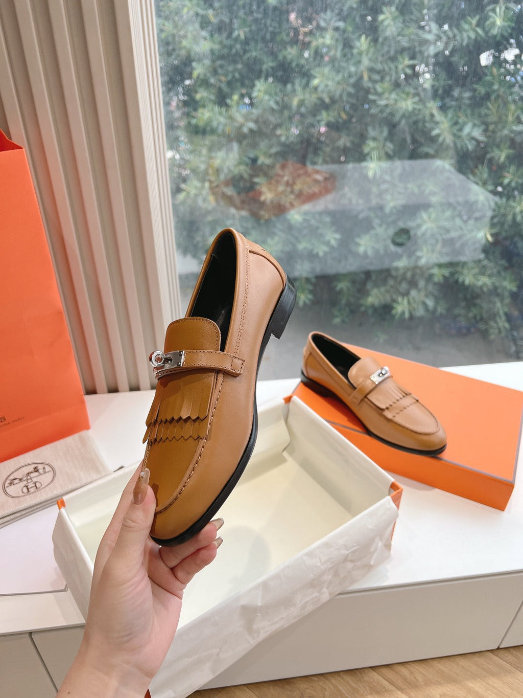 HERMES Destin Loafer Brown Goatskin with Fringe Detail