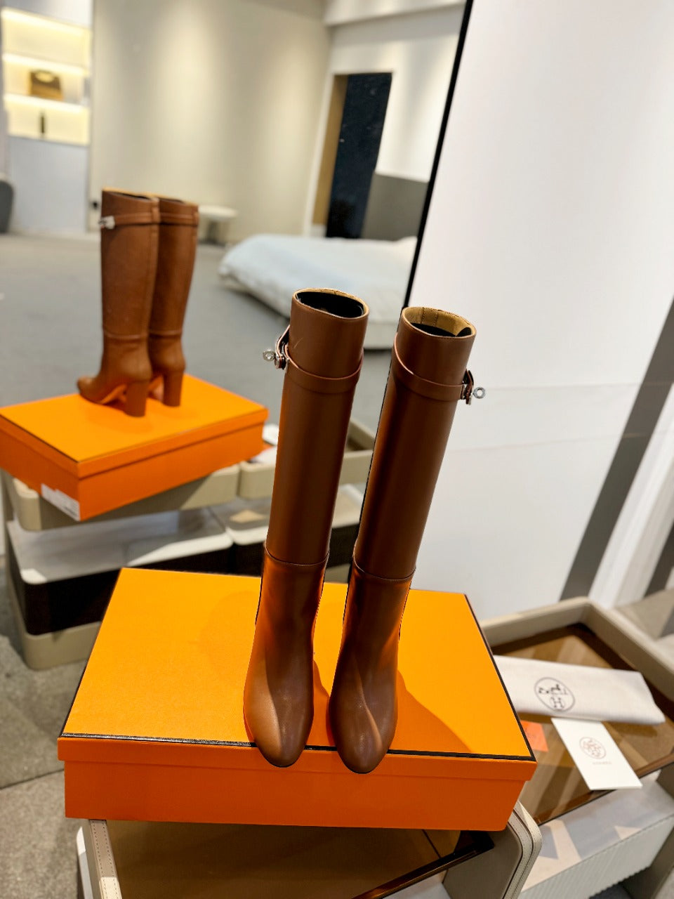 HERMES STORY BOOT 85MM IN BRONZE BROWN CALFSKIN