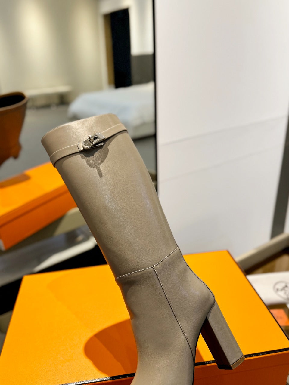 HERMES STORY BOOT 85MM IN PEANUT BROWN CALFSKIN