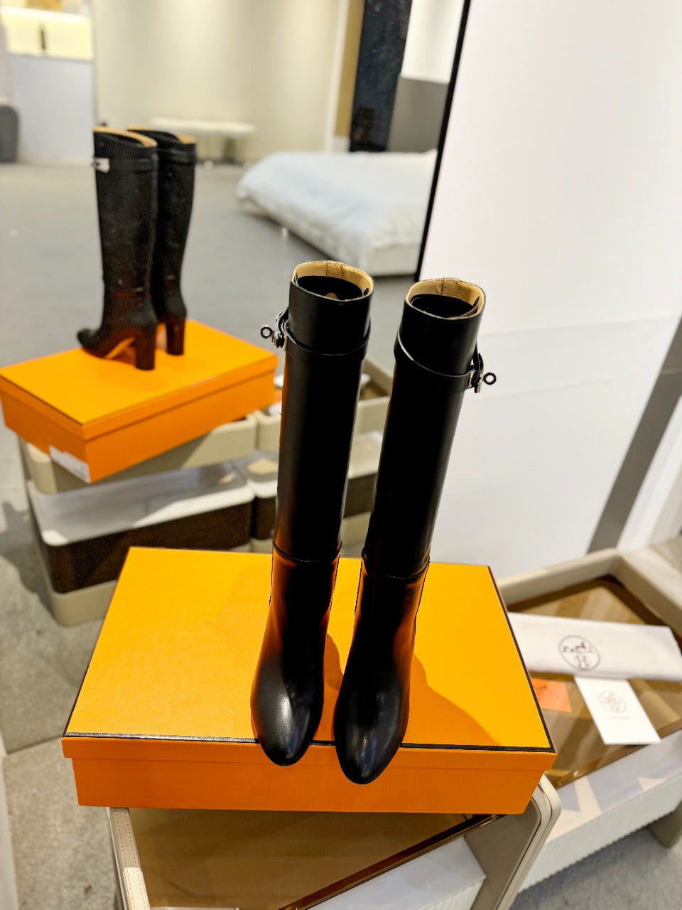 HERMES STORY BOOT 85MM IN BLACK CALFSKIN