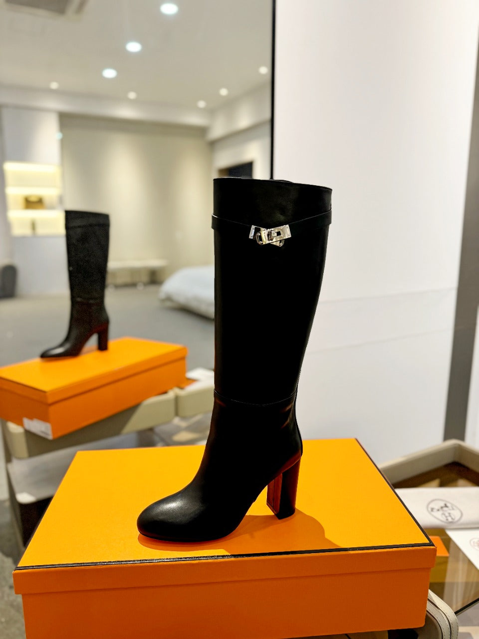HERMES STORY BOOT 85MM IN BLACK CALFSKIN