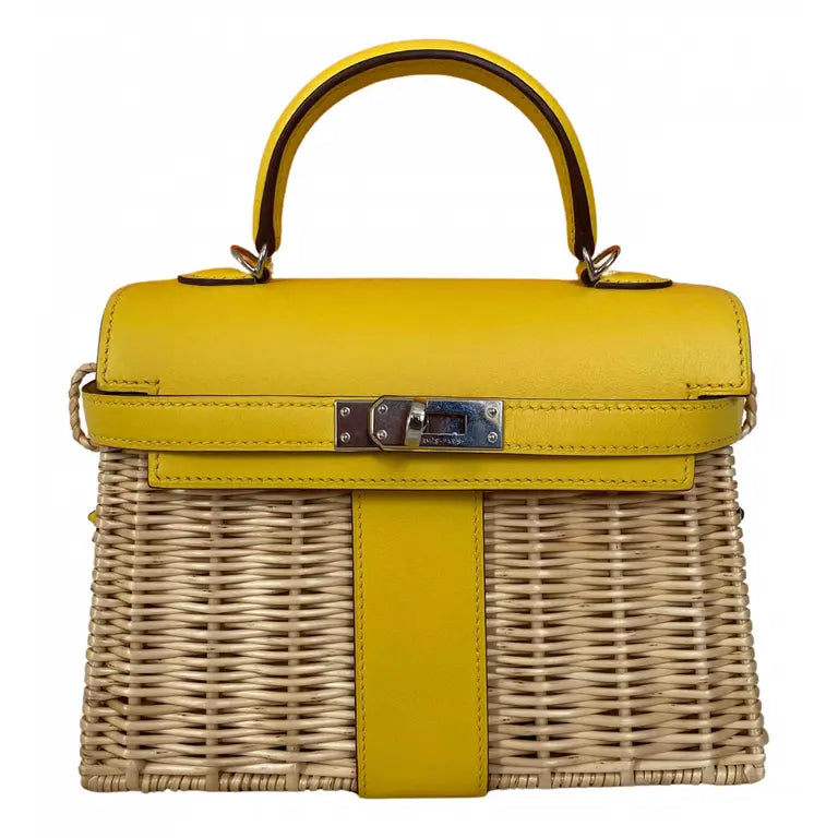 HERMES KELLY 20CM JAUNE DE NAPLES SWIFT IN YELLOW LEATHER AND WICKER SILVER HARDWARE