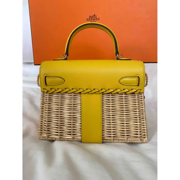 HERMES KELLY 20CM JAUNE DE NAPLES SWIFT IN YELLOW LEATHER AND WICKER SILVER HARDWARE